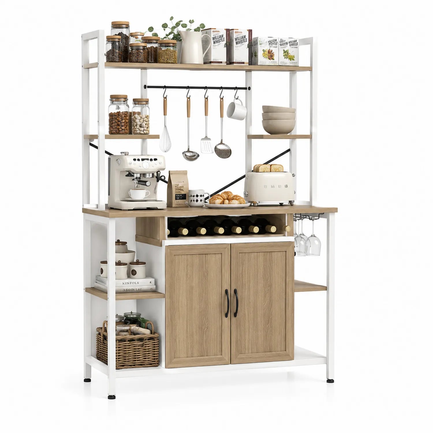 Étagère de cuisine en bois et métal avec rangement pour bouteilles et porte-verres