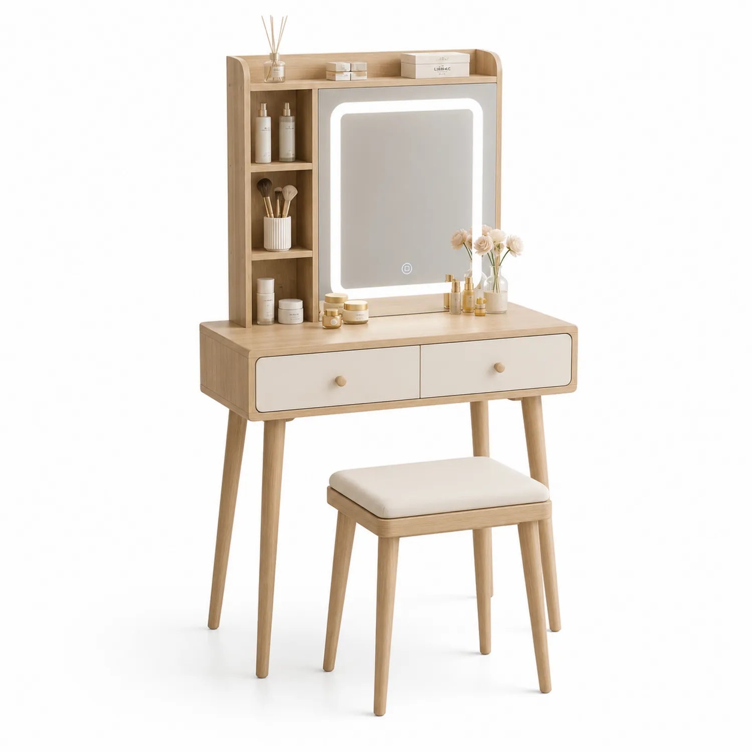 Coiffeuse en bois avec miroir LED et tabouret