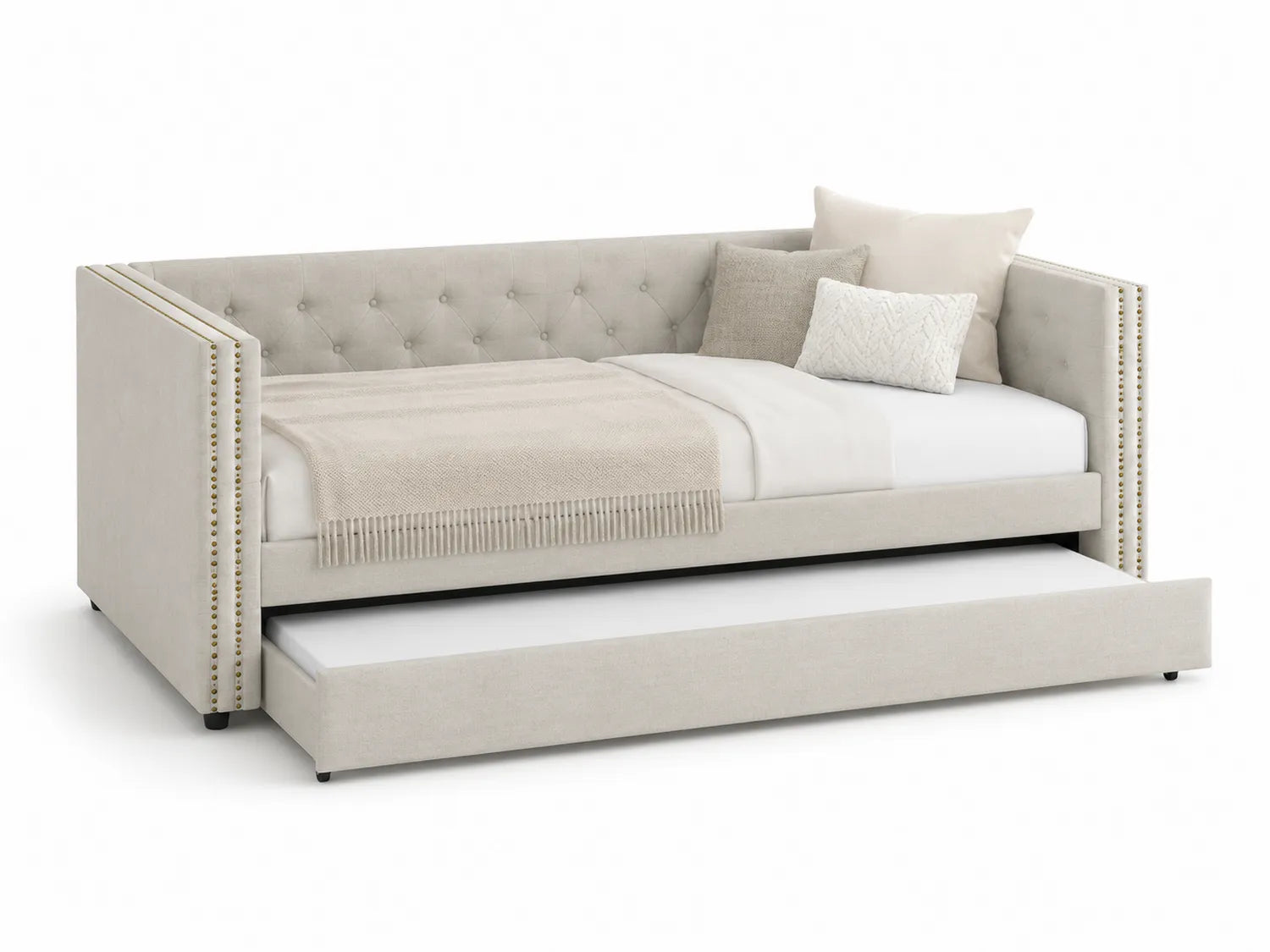 Lit gigogne en polyester beige avec matelas 200x90 cm