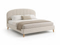 Lit double en velours beige avec tête de lit arrondie et pieds en bois