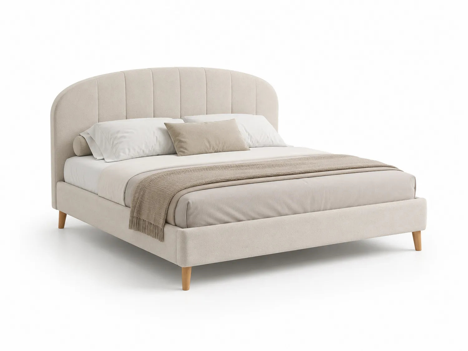 Lit double en velours beige avec tête de lit arrondie et pieds en bois