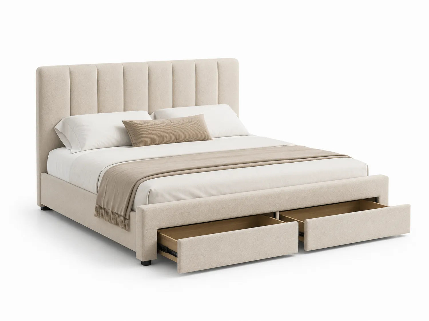 Lit double en tissu beige avec tiroirs de rangement 200x160 cm