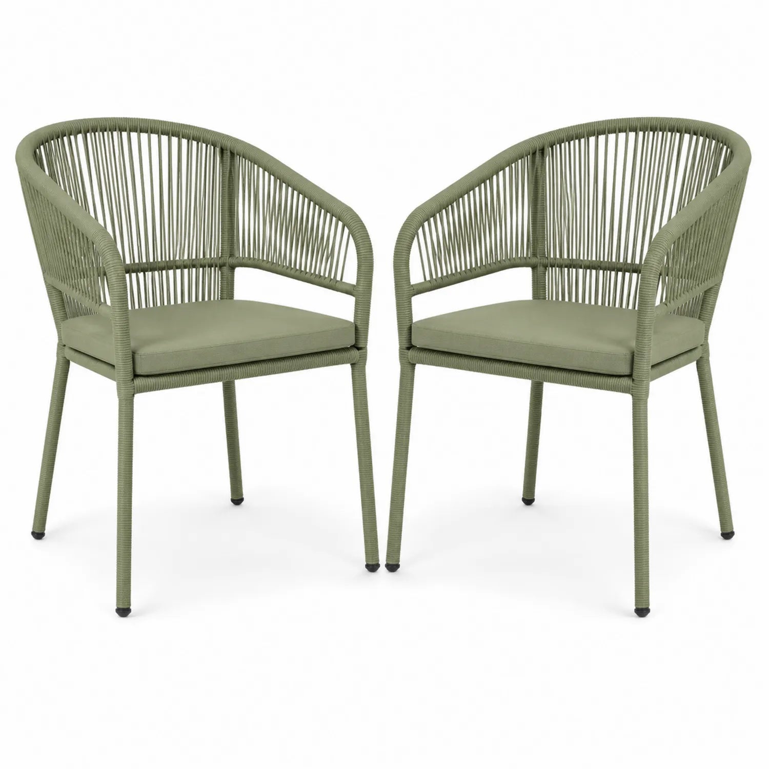 Ensemble de 2 chaises d'extérieur en métal et corde avec coussins verts