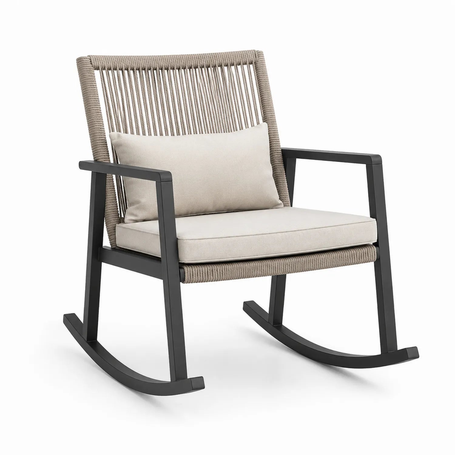 Chaise à bascule en aluminium avec cordes en polypropylène beige et coussins