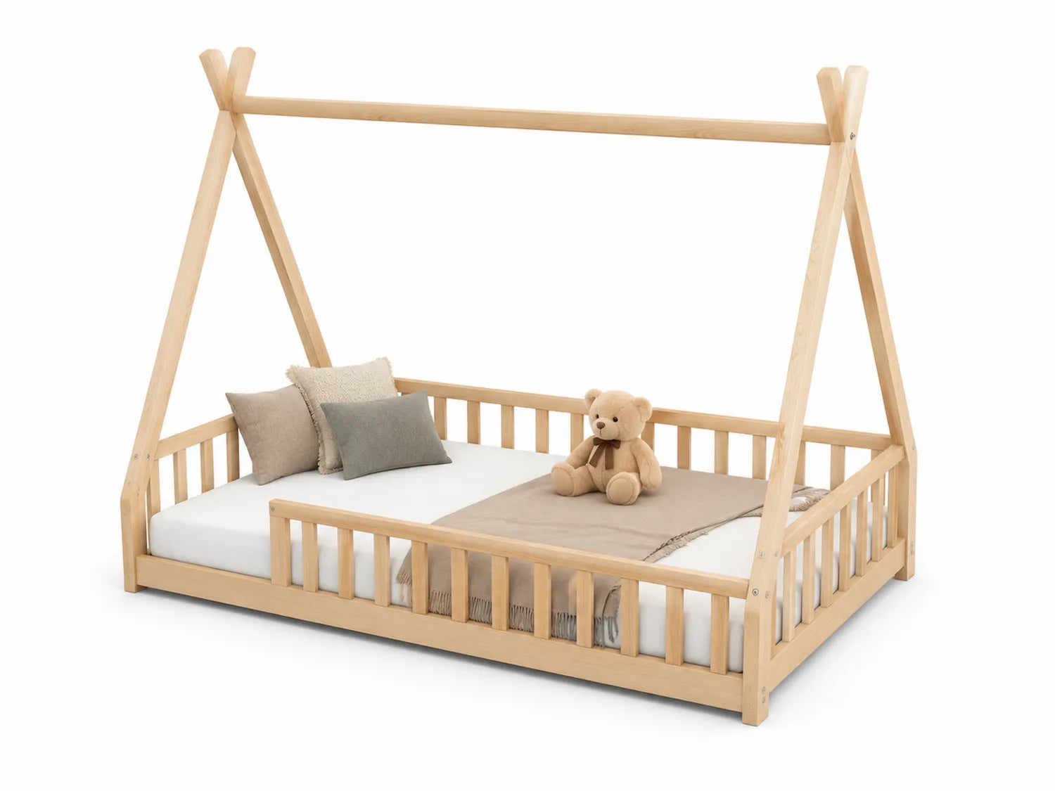 Lit tipi en bois de pin avec matelas et coussins 140x70 cm