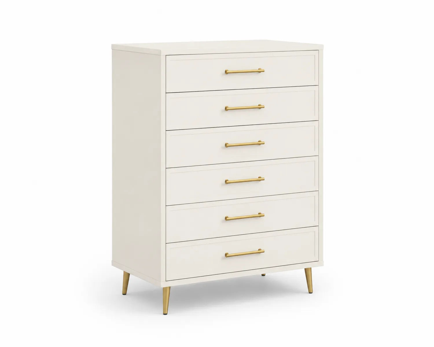 Commode en bois de MDF blanche 6 tiroirs poignées métalliques dorées
