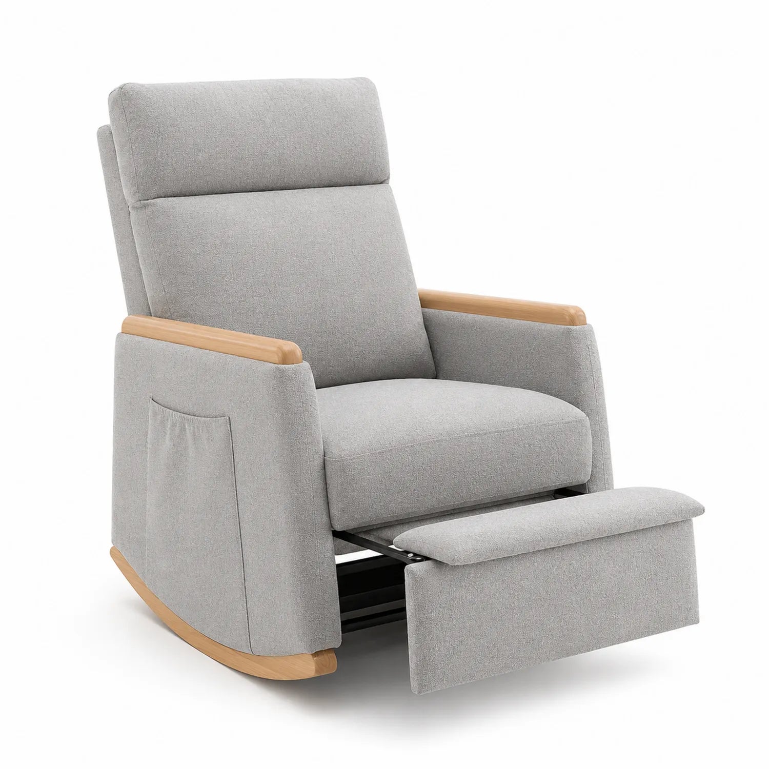 Fauteuil bascule en tissu gris avec accoudoirs en bois