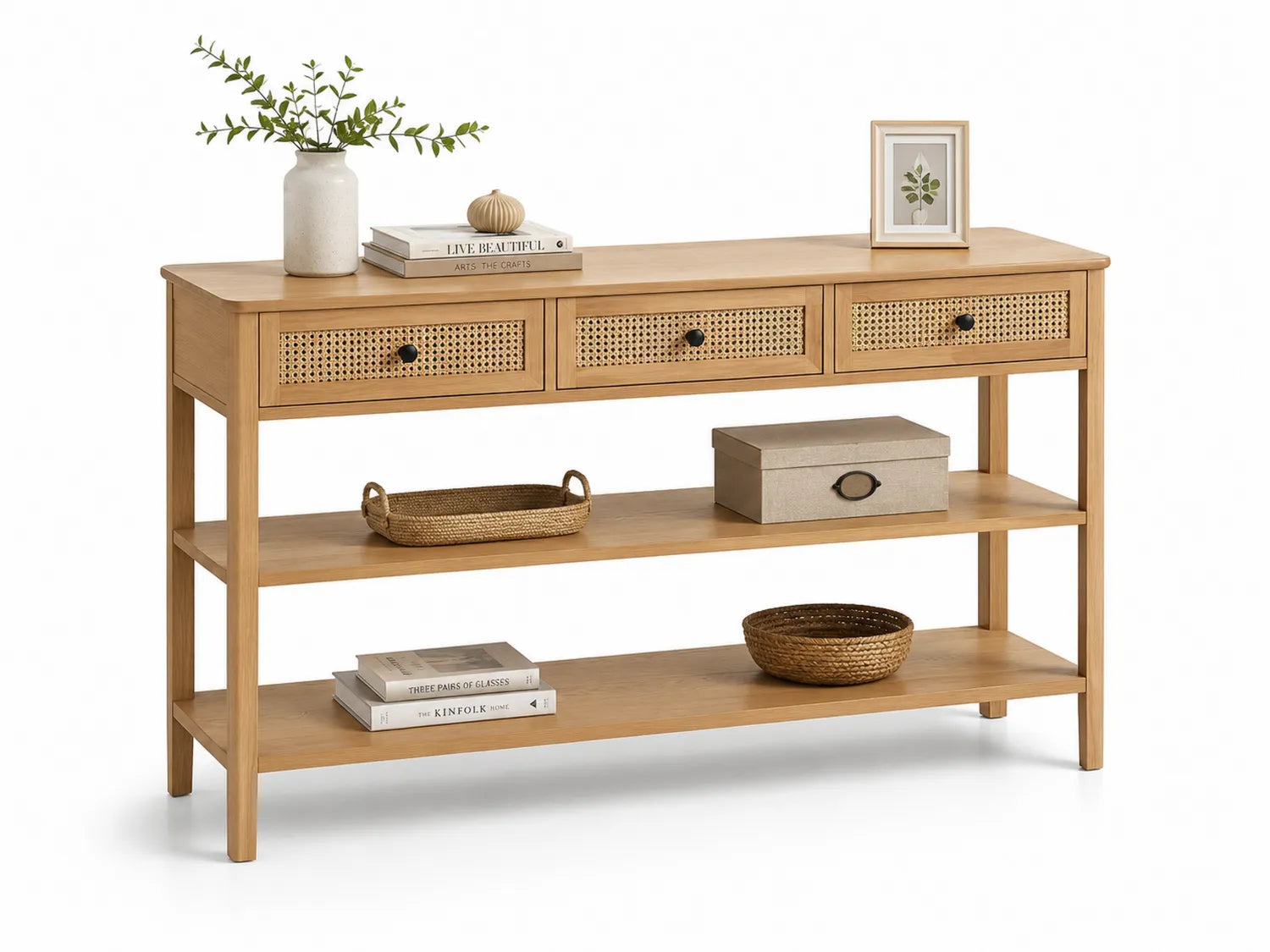 Console en bois avec tiroirs en rotin 120x30x80cm