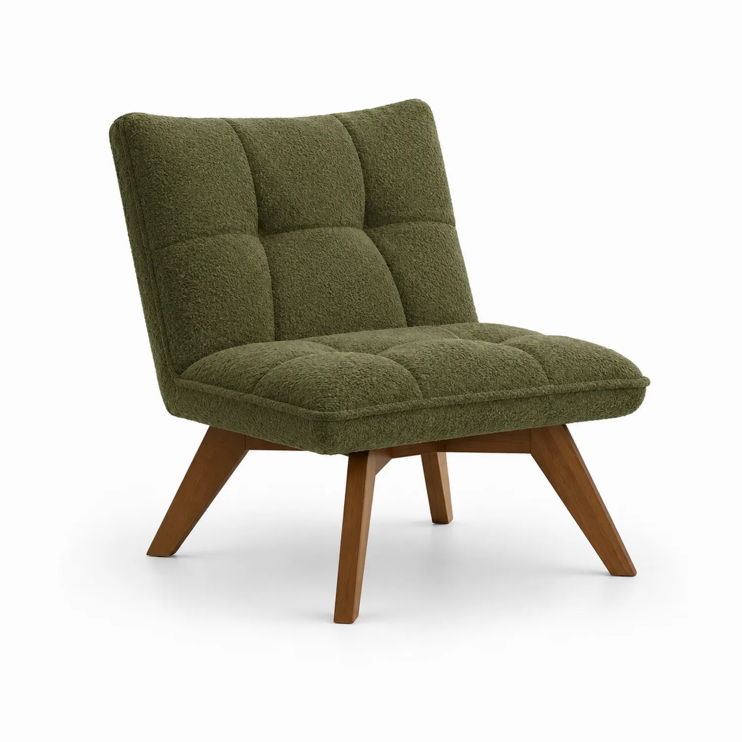 Fauteuil en bois et tissu bouclé vert
