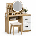 Coiffeuse en bois avec miroir rond LED et tabouret