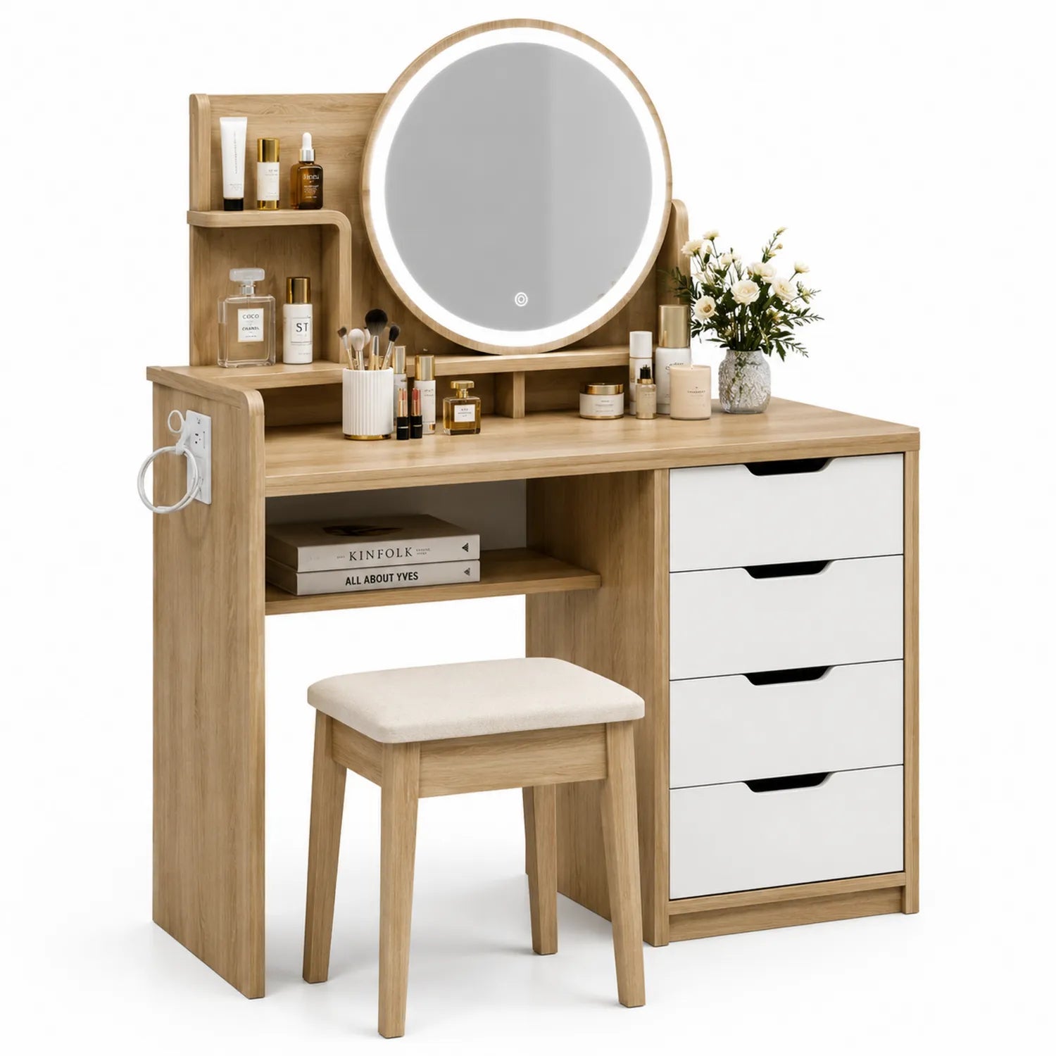 Coiffeuse en bois avec miroir rond LED et tabouret
