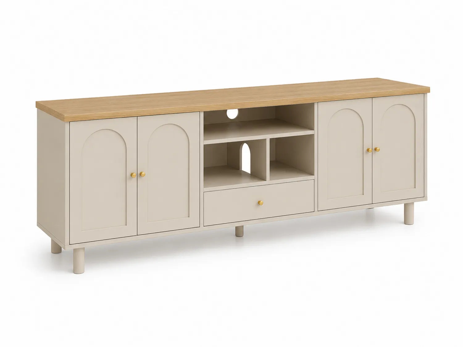 Buffet TV en bois MDF avec placage chêne et portes beige 180x45x60cm