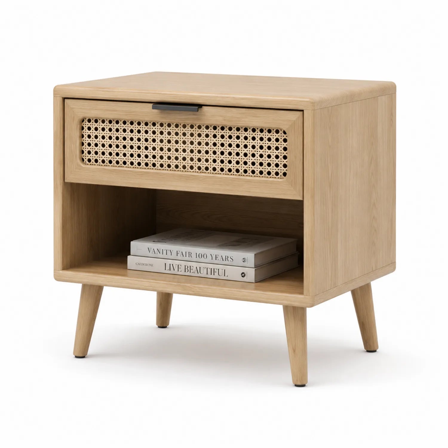 Table de chevet en bois avec tiroir en rotin