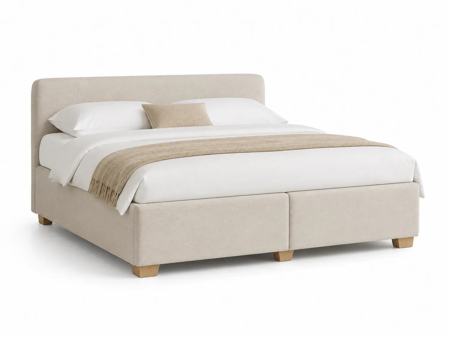 Lit double en tissu beige avec pieds en hêtre