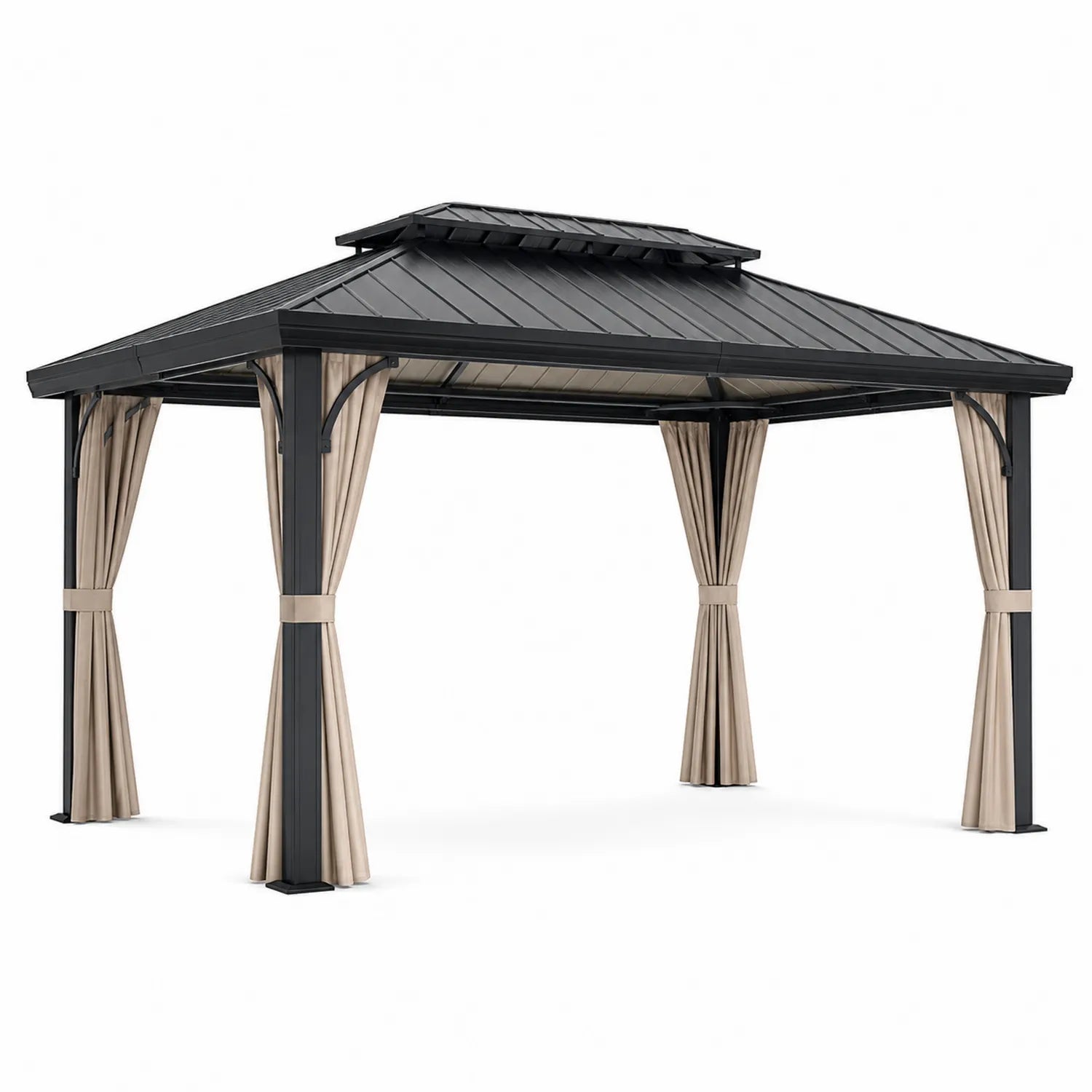 Pavillon en aluminium avec toit en acier et rideaux beiges 3x4 m