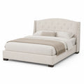 Lit double en tissu beige avec tête de lit capitonnée