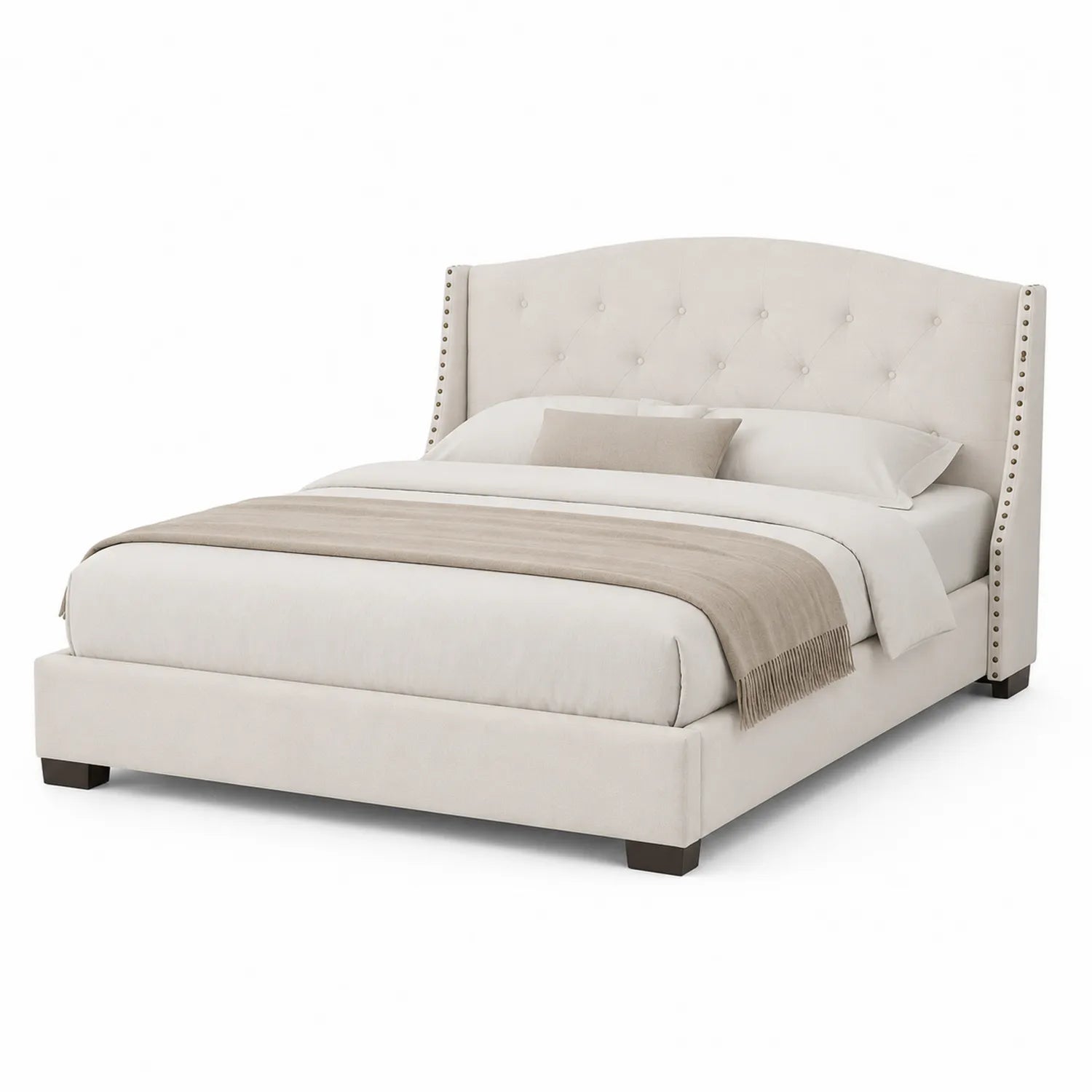 Lit double en tissu beige avec tête de lit capitonnée