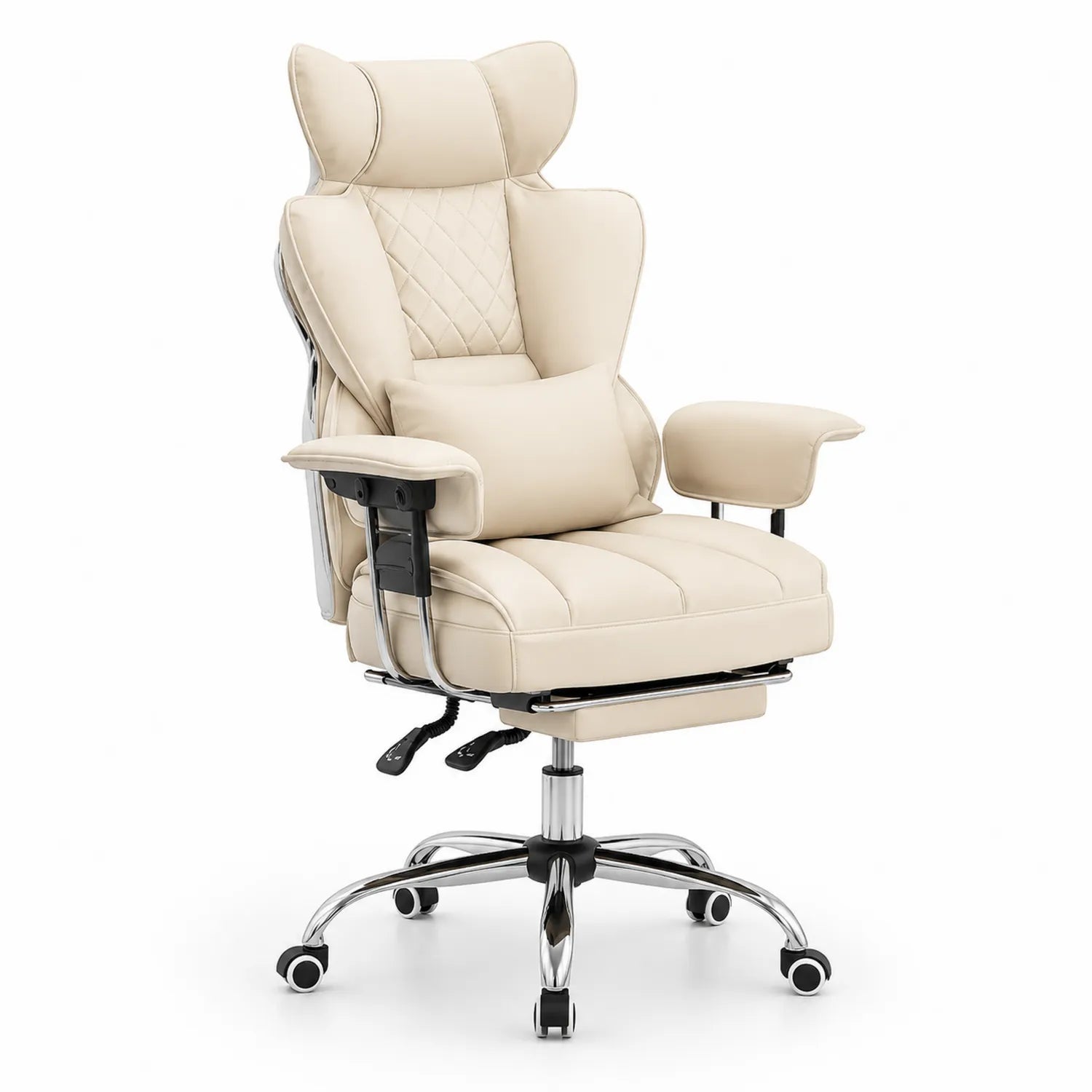 Chaise de bureau ergonomique en cuir PU beige avec repose-pieds et accoudoirs réglables