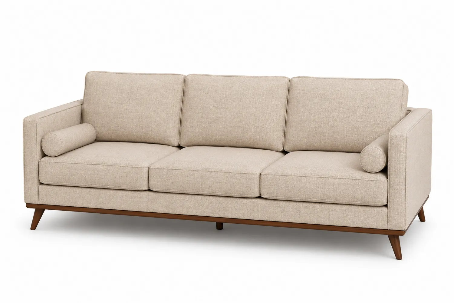 Canapé trois places en tissu beige avec pieds en bois