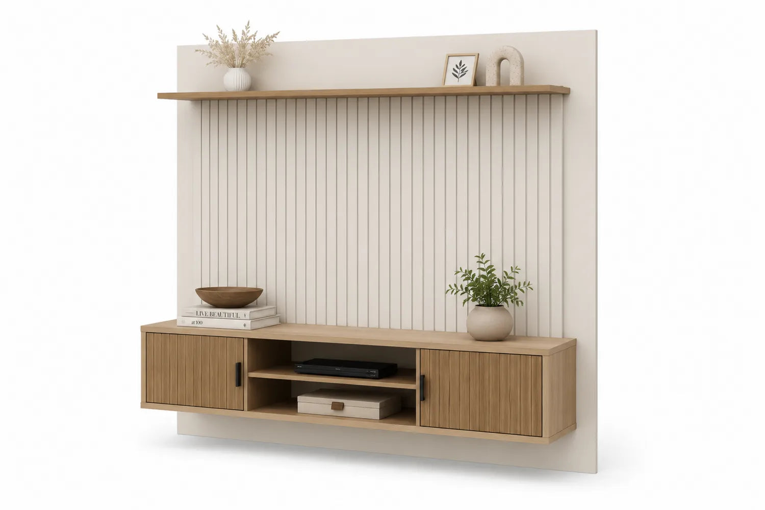Meuble TV mural en bois et étagère intégrée 160x30x180 cm