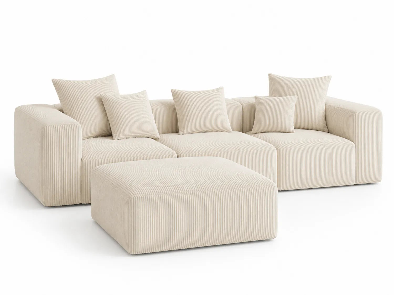 Canapé d'angle en velours côtelé beige avec pouf et coussins