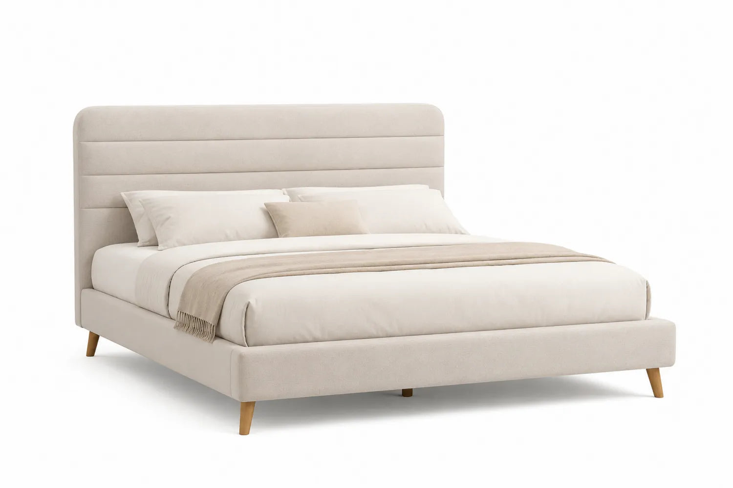 Lit double en tissu avec tête de lit et pieds en bois 200x160 cm