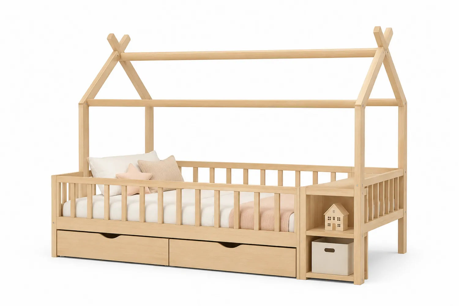 Lit enfant en bois avec tiroirs et étagère 200cm Beige