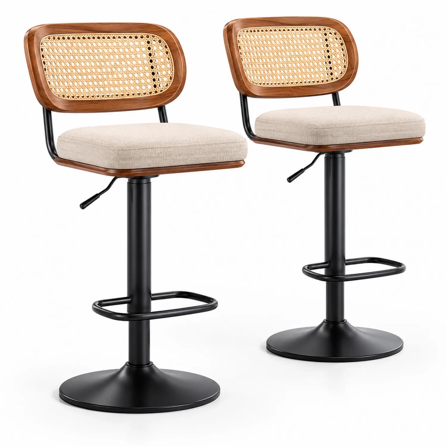 Tabouret de bar en rotin et tissu beige avec cadre métallique noir
