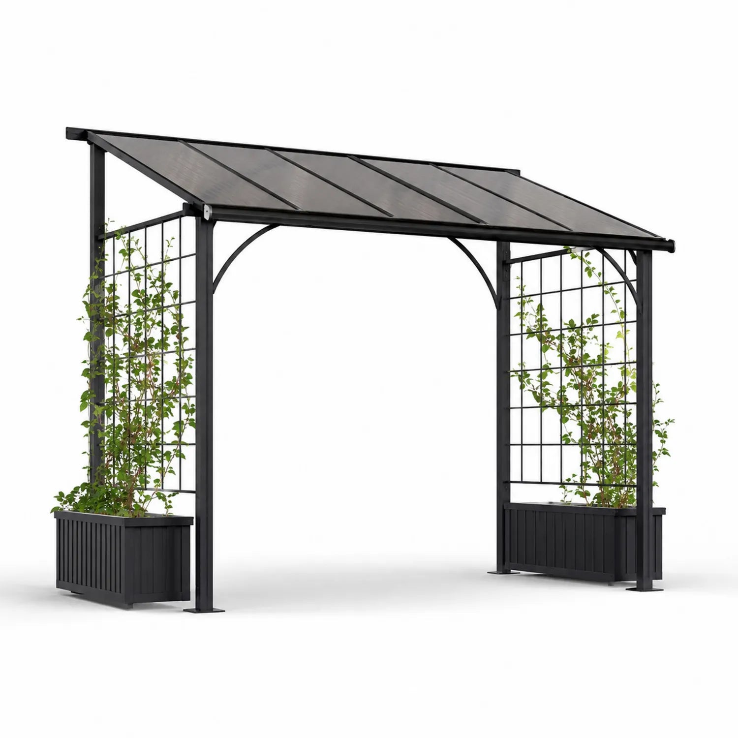 Pergola en aluminium avec treillis et jardinières pour plantes gris