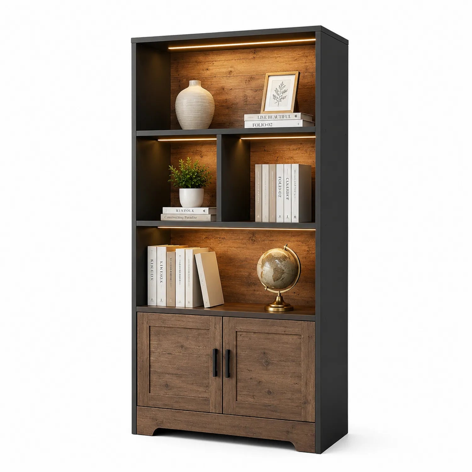 Bibliothèque en bois MDF et acier noir avec éclairage intégré