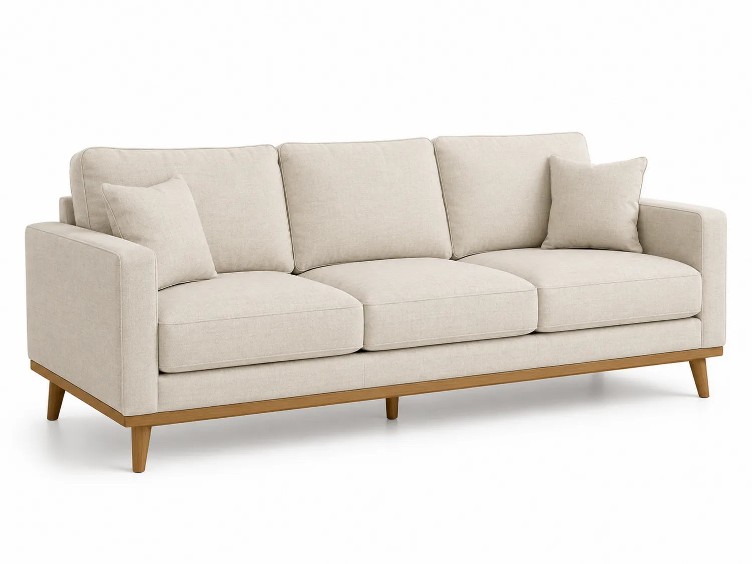 Canapé trois places en tissu polyester beige avec structure en bois