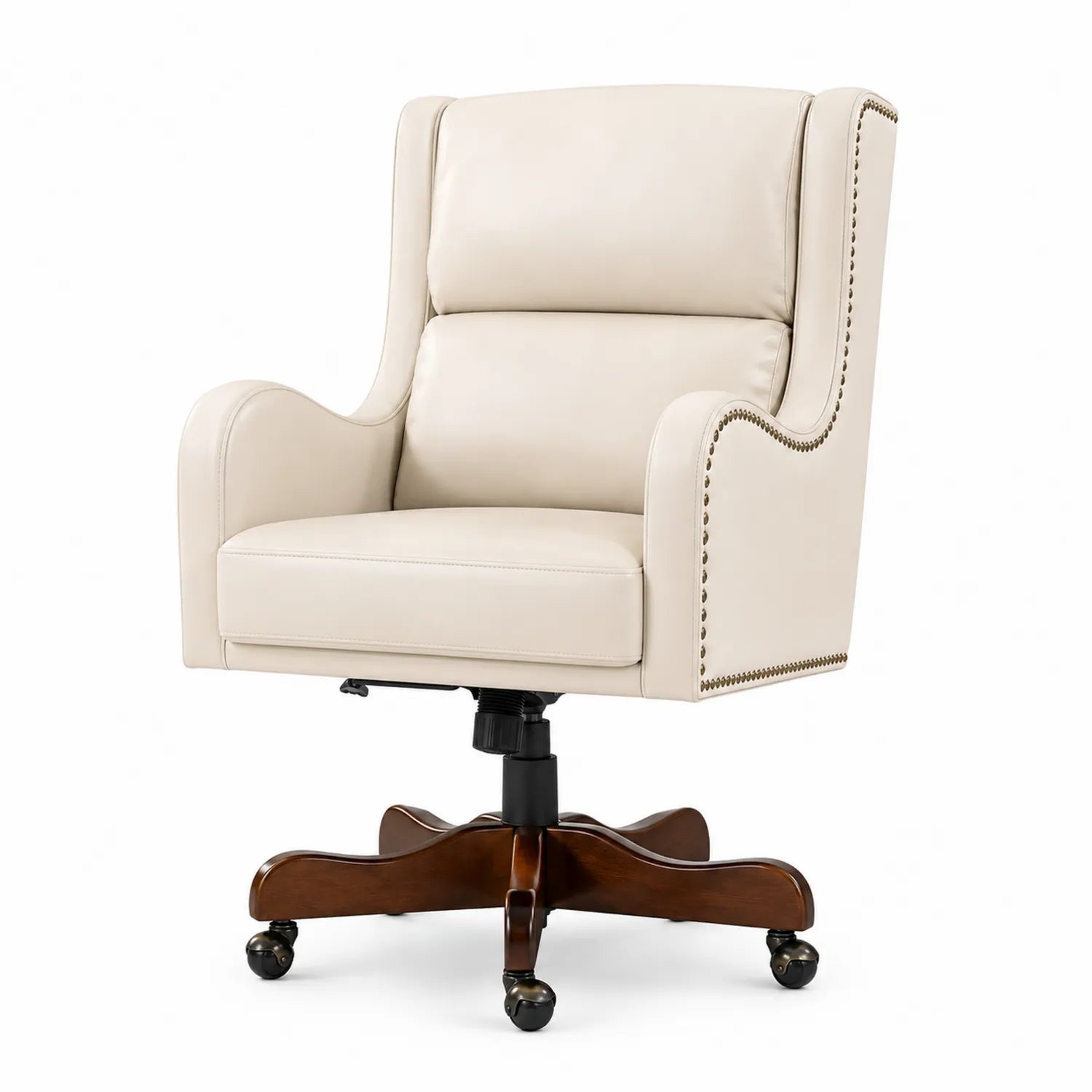 Chaise de Bureau en Cuir PU Beige avec Piètement Bois