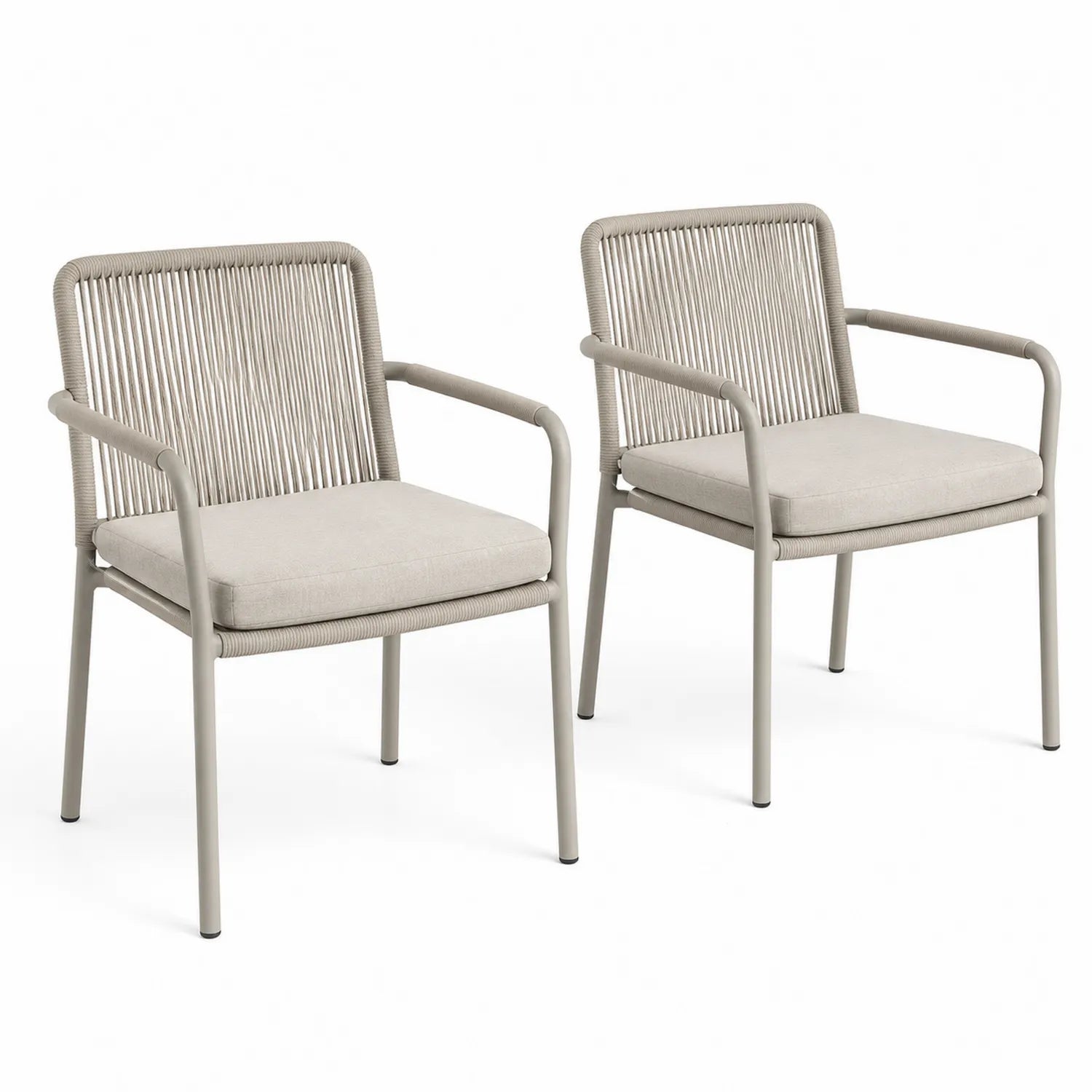 Paire de chaises en métal avec assise en corde et coussin beige