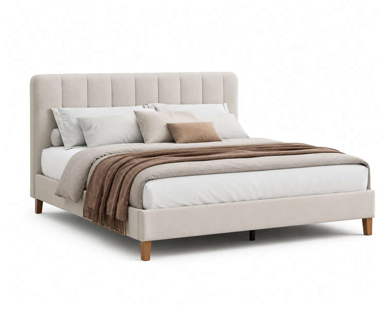 Lit double en tissu beige avec pieds en bois