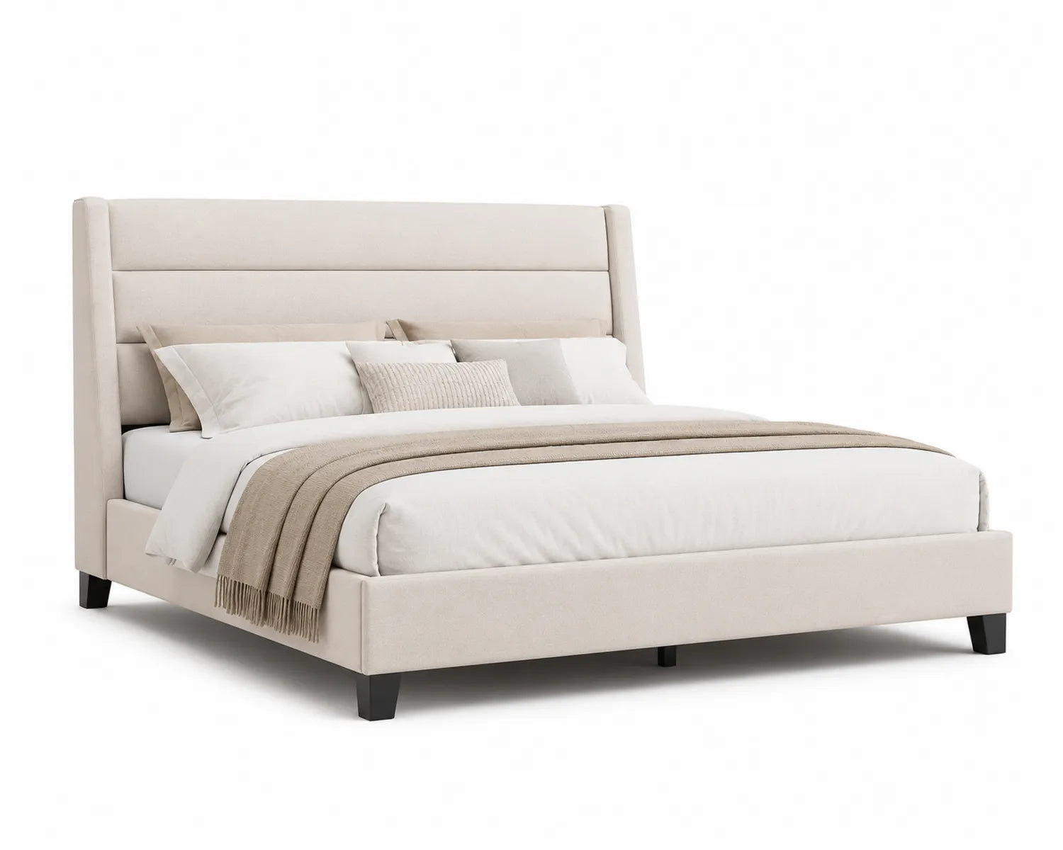 Lit double en tissu beige avec tête de lit haute