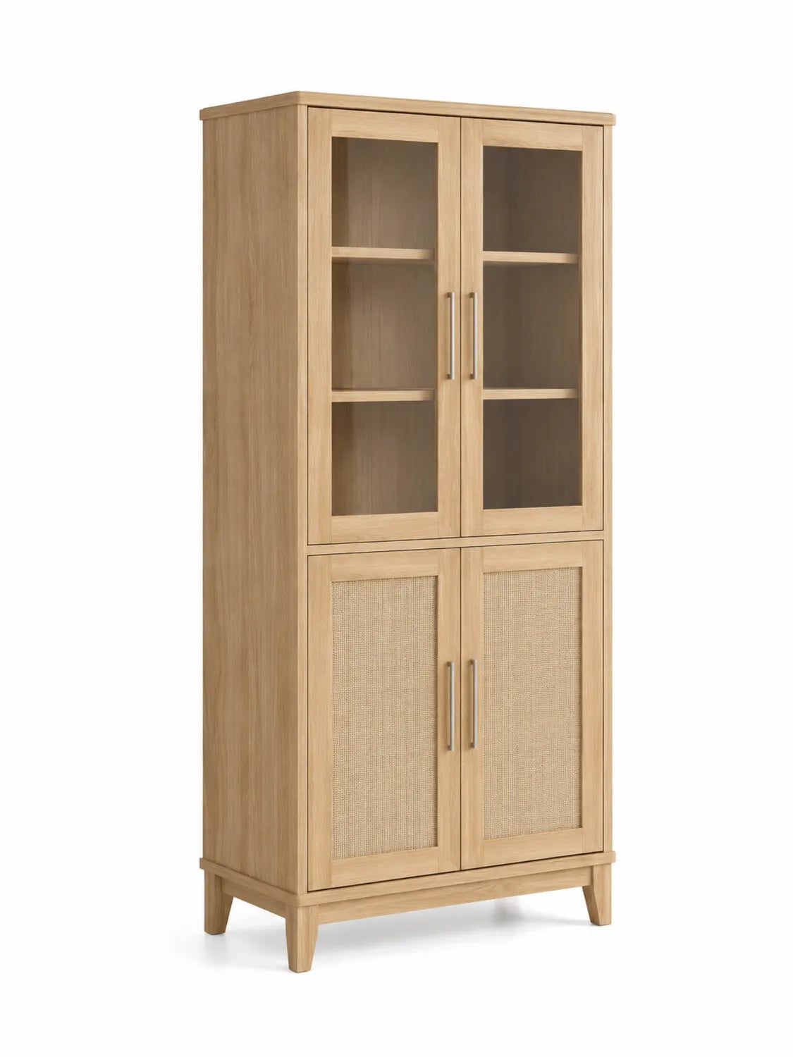Armoire en bois avec portes vitrées et panneaux en rotin 180x90x40cm