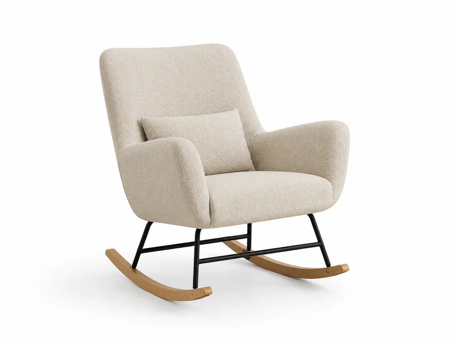 Fauteuil à bascule en tissu beige avec structure en métal et bois