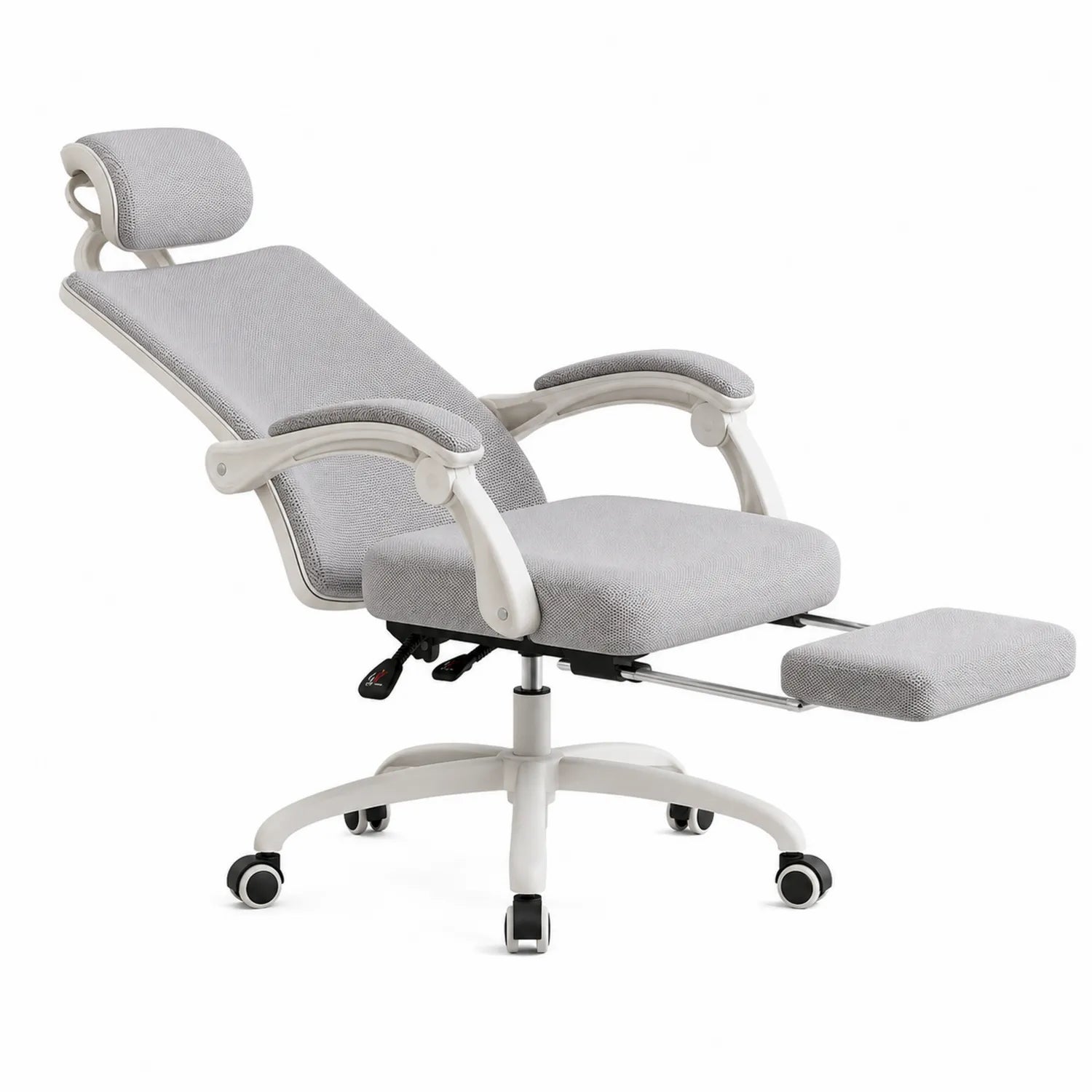 Chaise de bureau inclinable en métal avec repose-pieds en tissu polyester gris