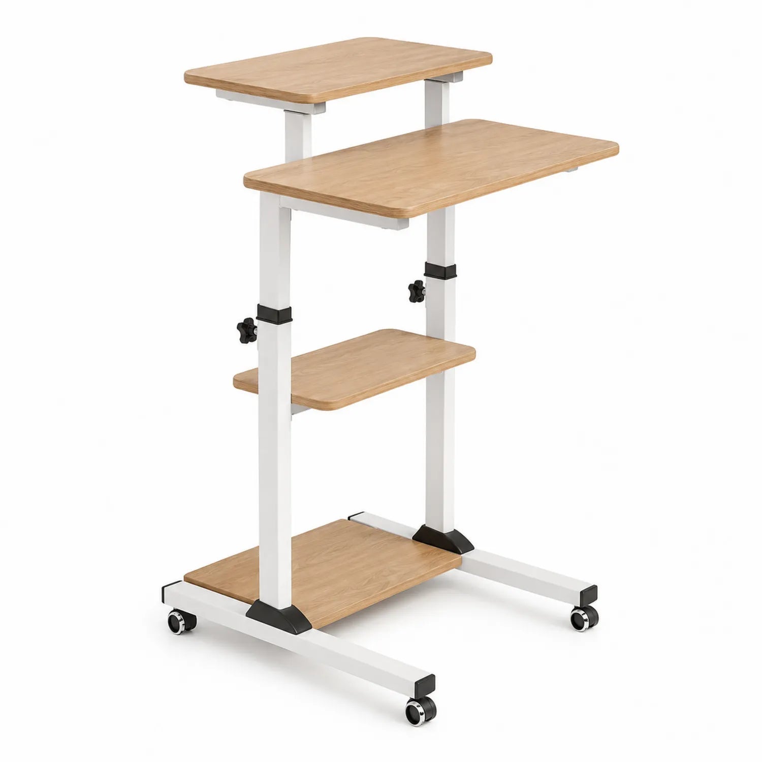 Bureau réglable en hauteur à roulettes en bois et métal blanc