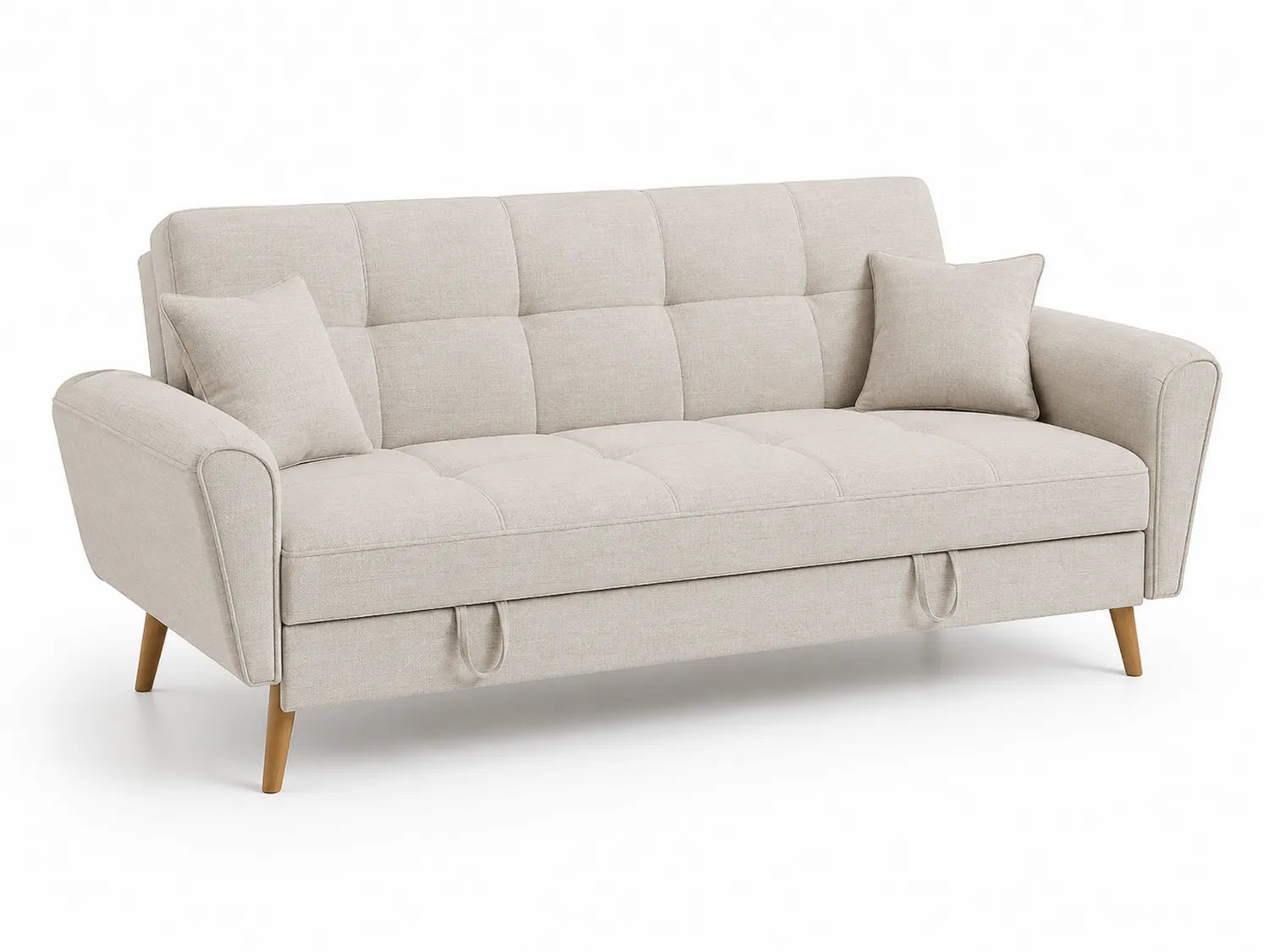 Canapé-lit en tissu polyester avec pieds en bois massif, Beige