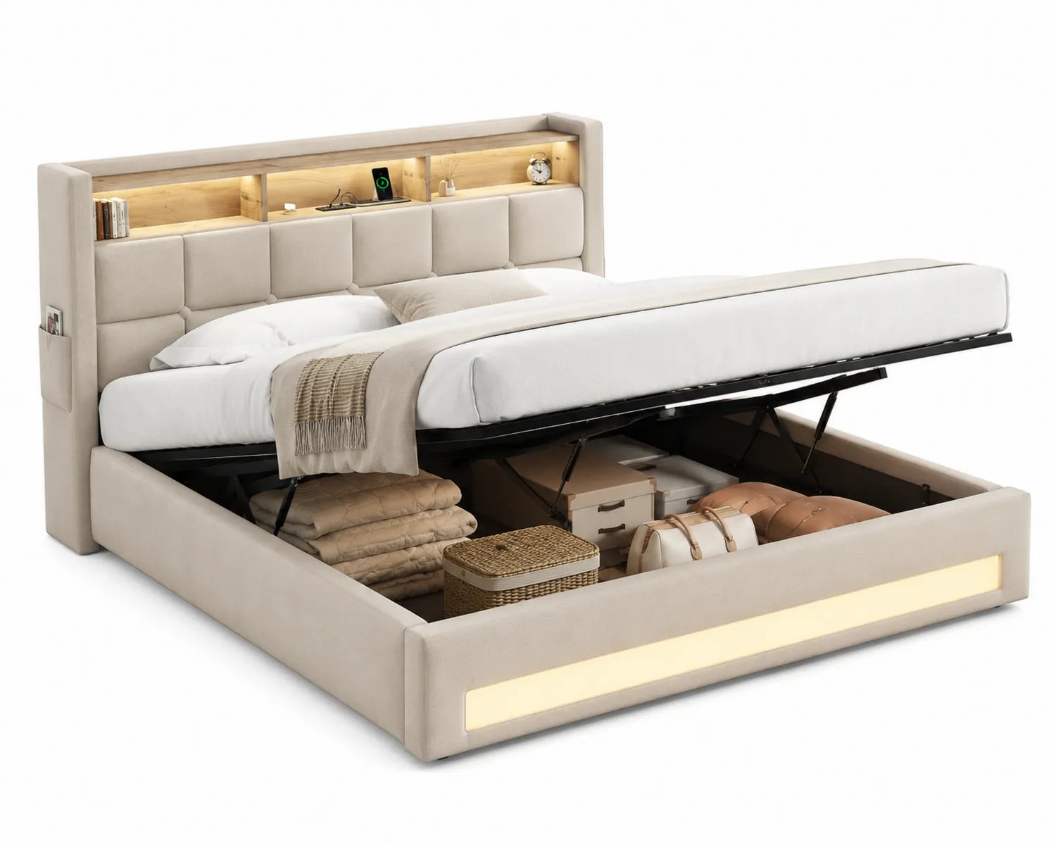 Lit double en polyester avec rangement intégré beige 160x200 cm