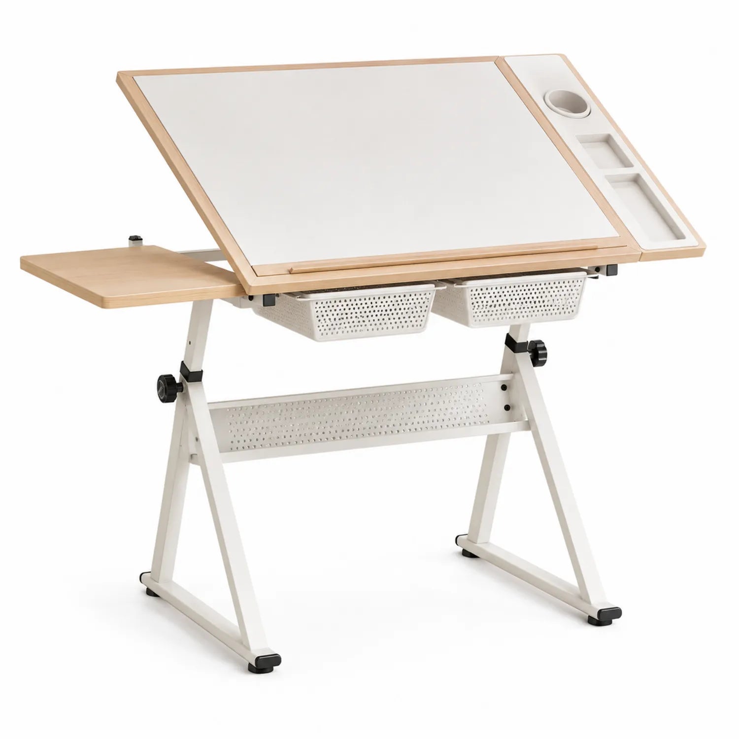 Table à dessin en bois MDF et métal blanc avec rangements