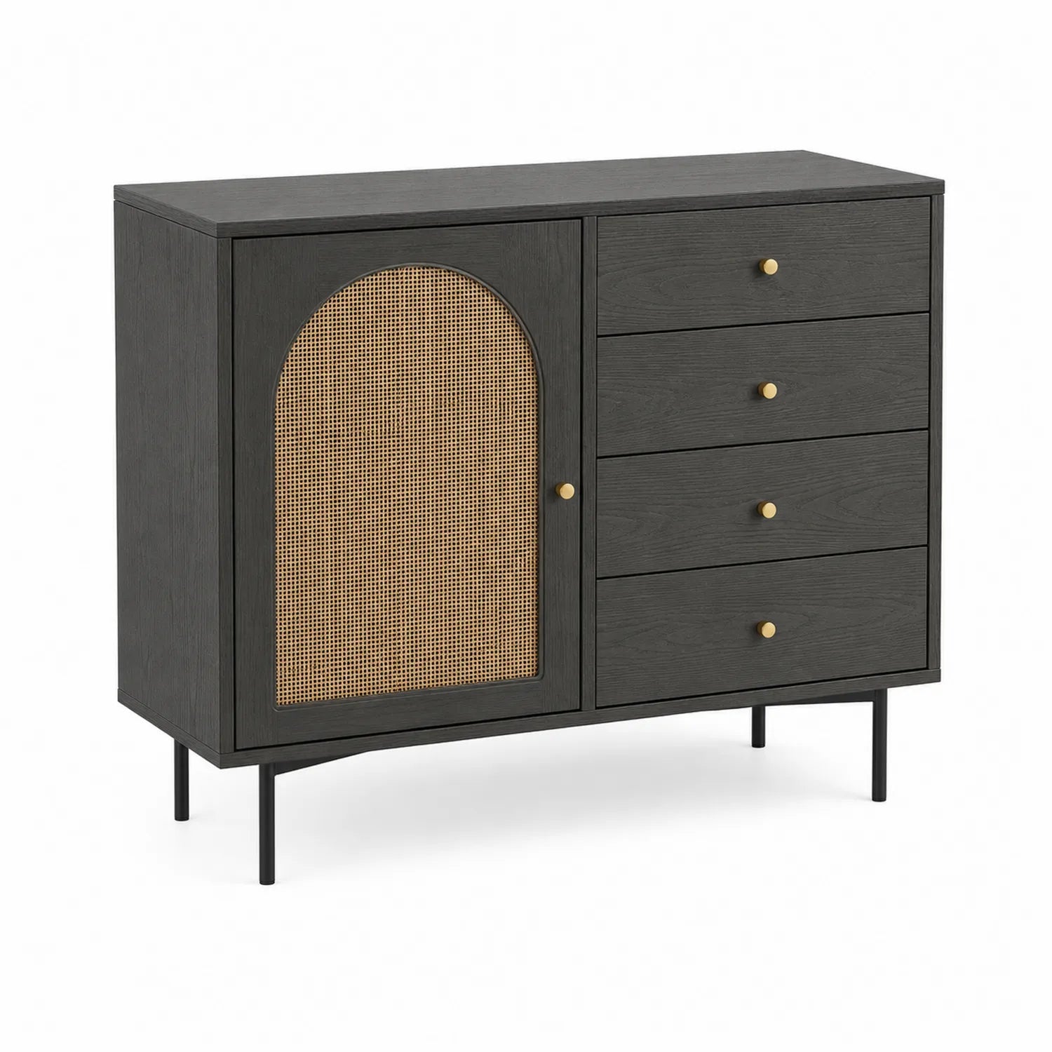 Buffet en Bois Noir avec Cannage 4 Tiroirs 1 Porte