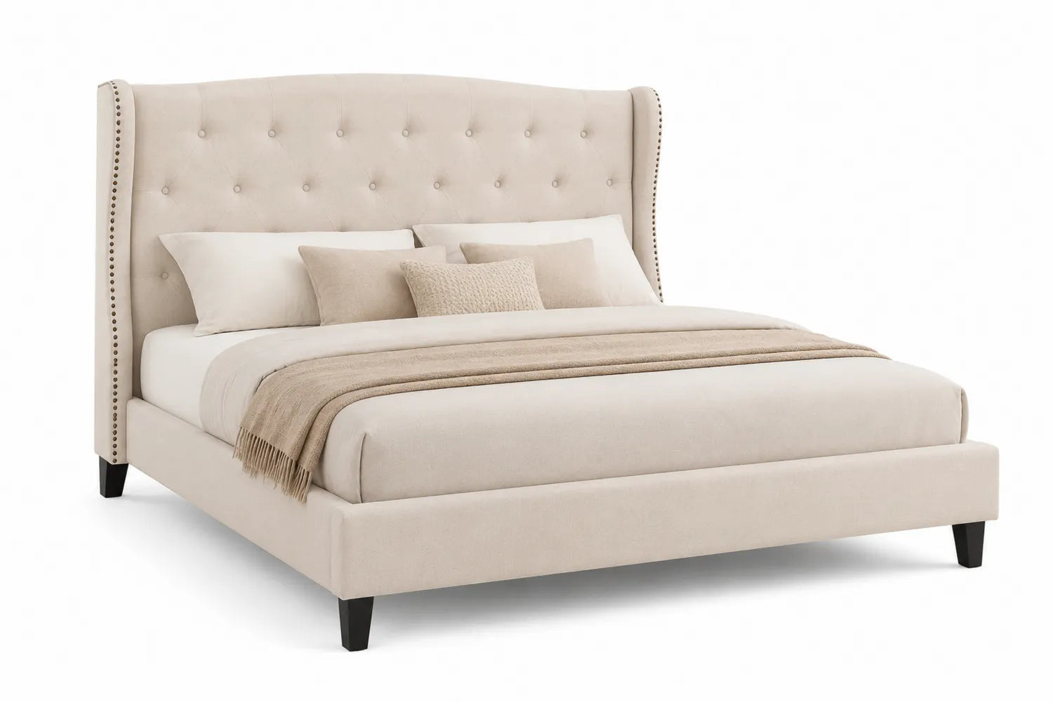 Lit double en tissu et bois Beige 160x200 cm