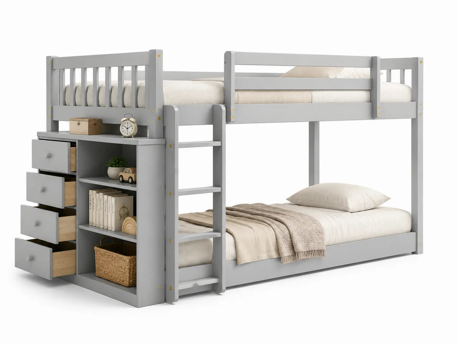Lit superposé en bois de pin gris avec rangement intégré et matelas