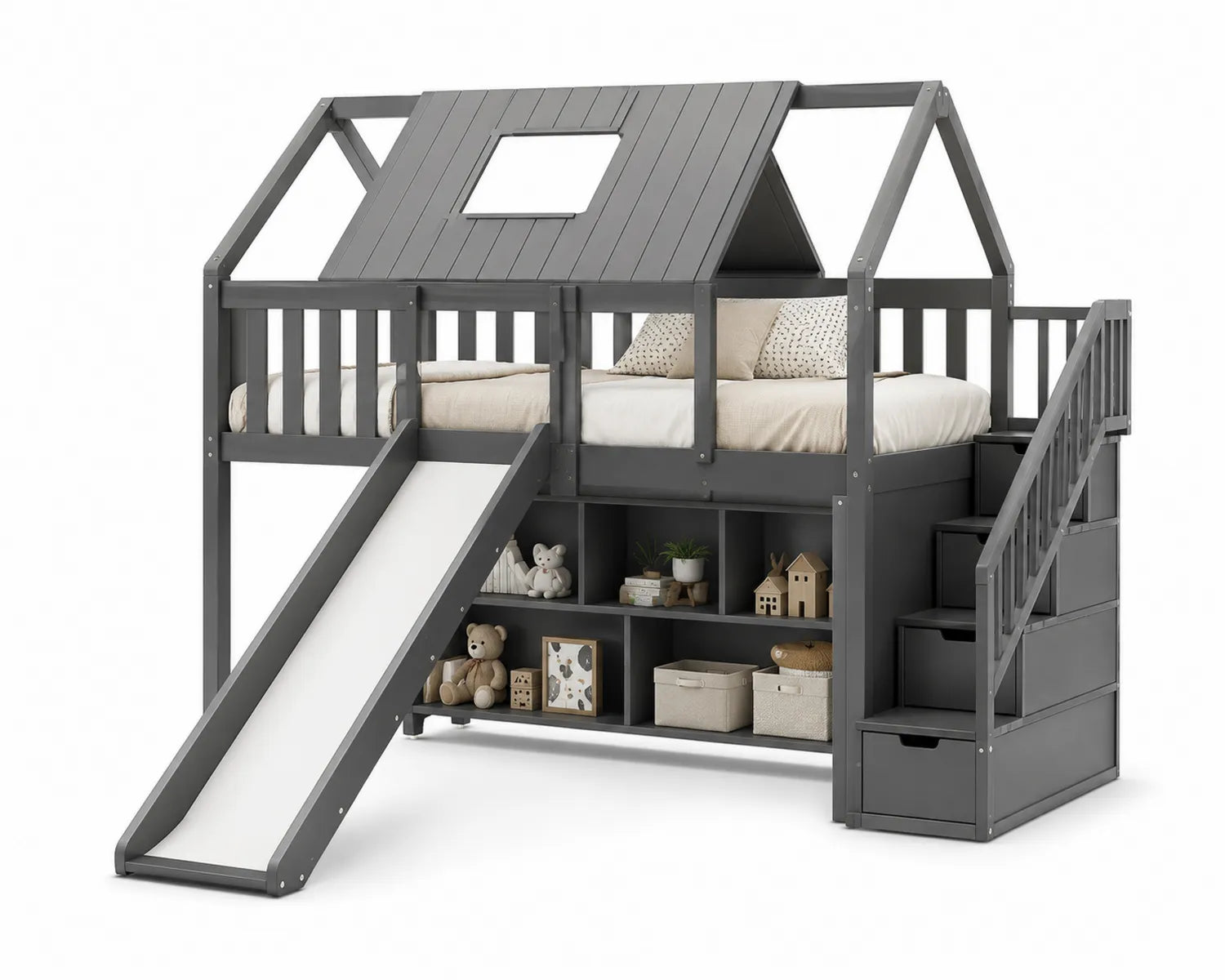 Lit cabane en bois avec toboggan et rangements Gris