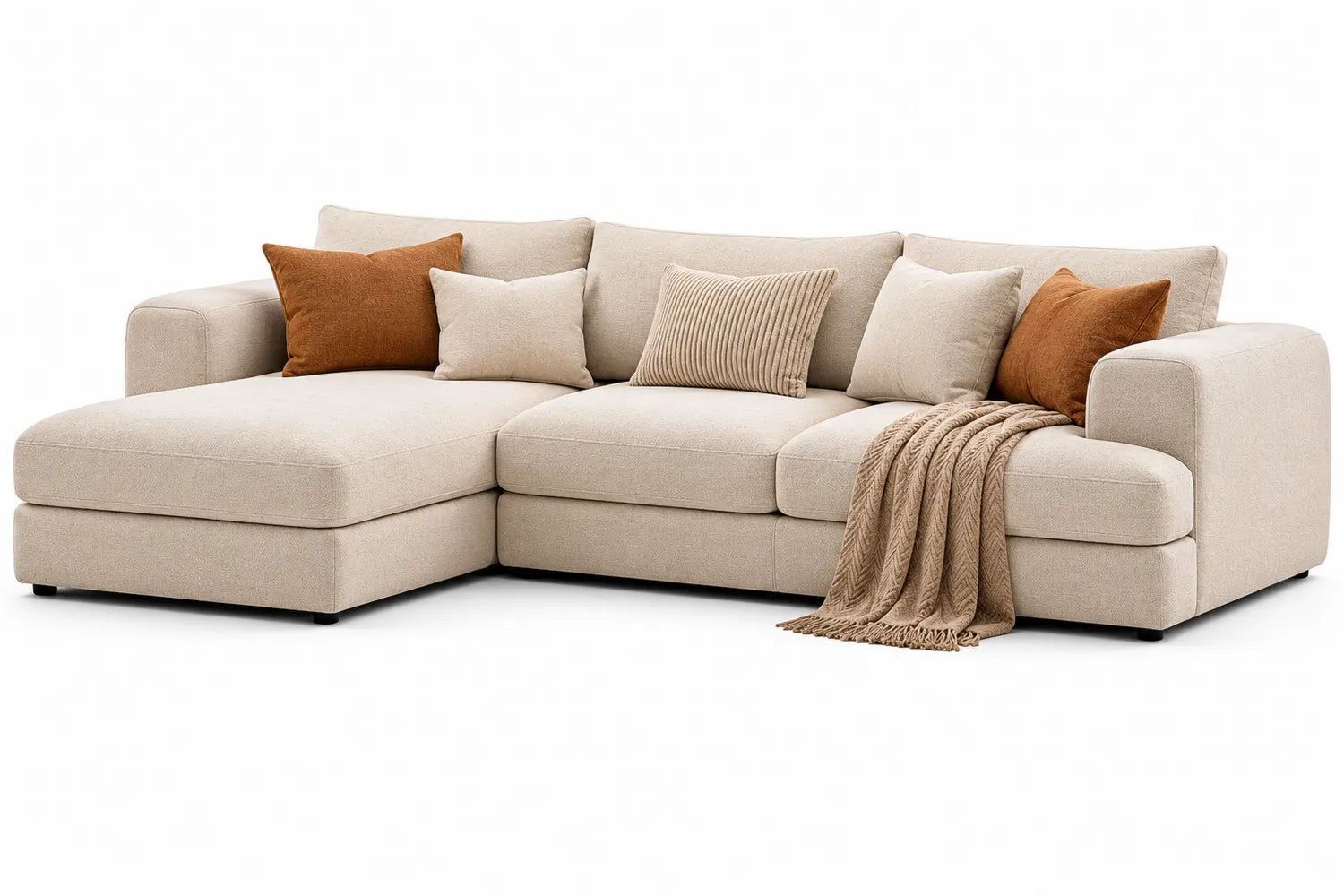 Canapé d'angle en tissu beige avec méridienne et coussins