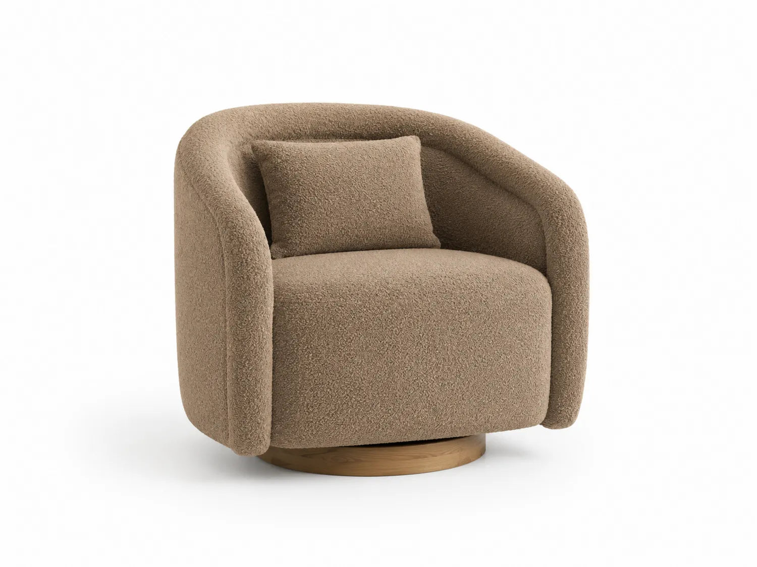 Fauteuil en tissu bouclette marron avec base pivotante en bois
