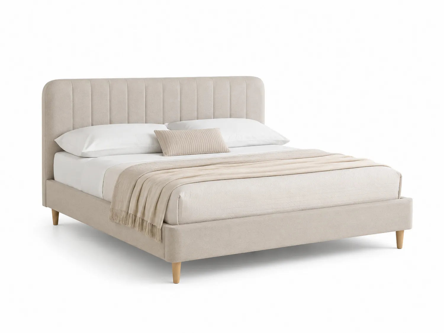 Lit en Tissu Beige avec Pieds en Bois
