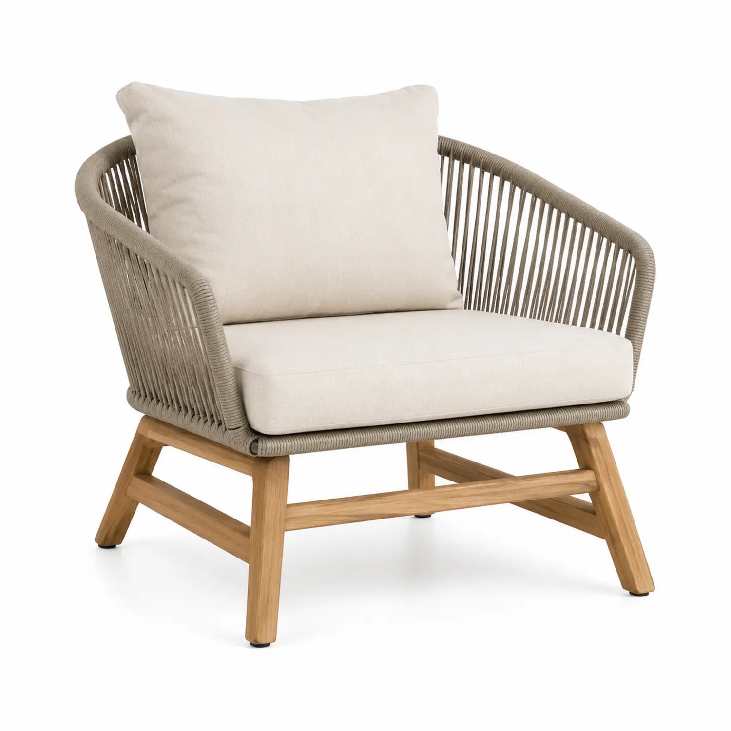Fauteuil en bois d'acacia avec corde et coussins beige